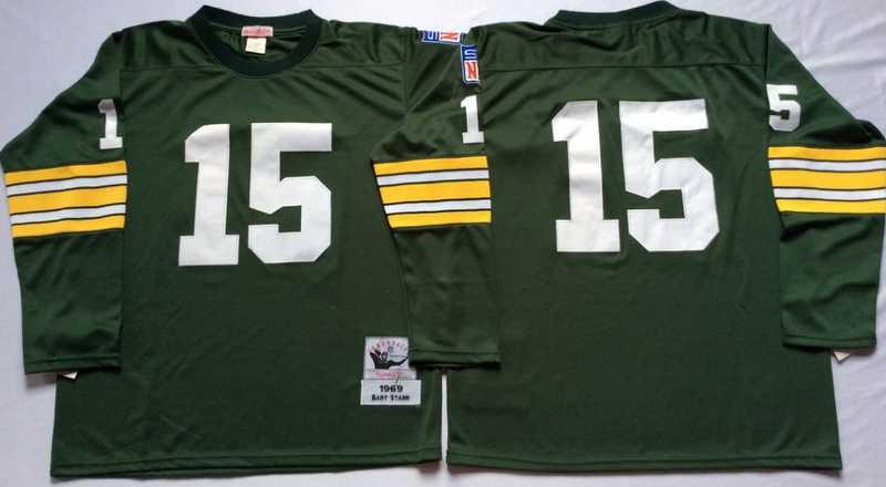 Packers 15 Bart Starr Green Long Sleeve M&N Throwback Jersey->nfl m&n throwback->NFL Jersey